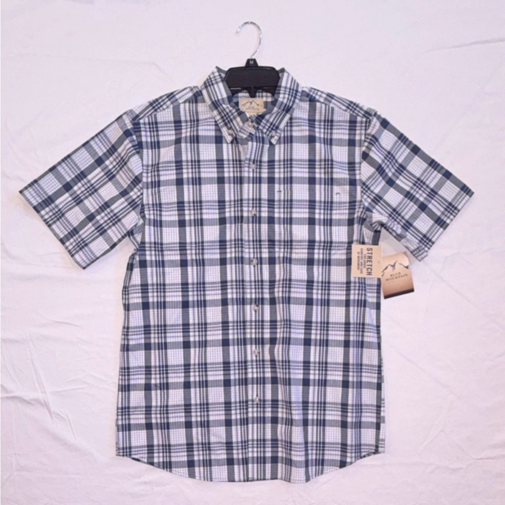Blue Mountain Plaid Blue White Cotton Spandex Button-Up Short Sleeve Shirt M
